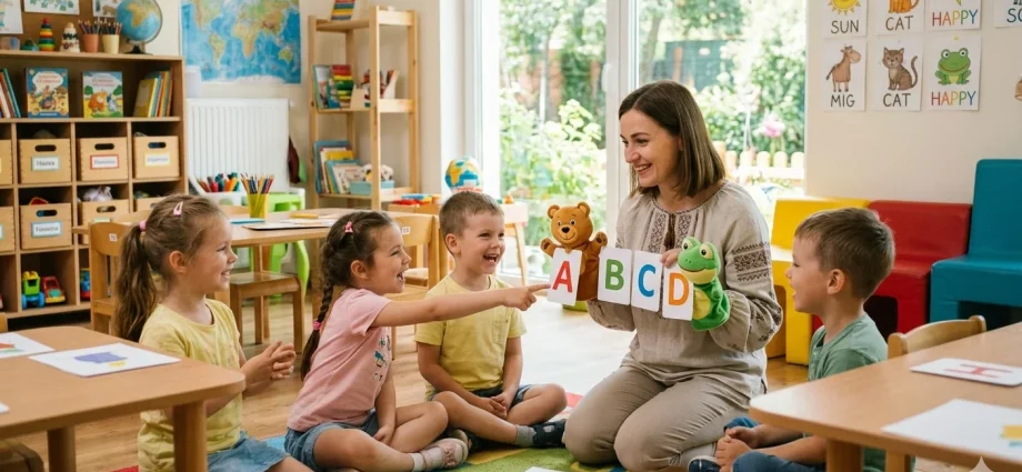 Вихователька з картками ABCD і ляльками проводить заняття з дітьми в садочку