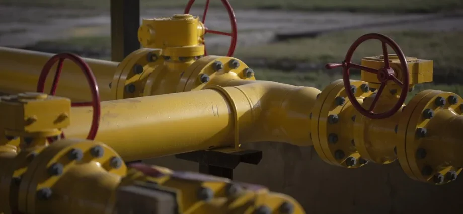 Жовті газові труби з червоними вентилями на відкритій ділянці мережі